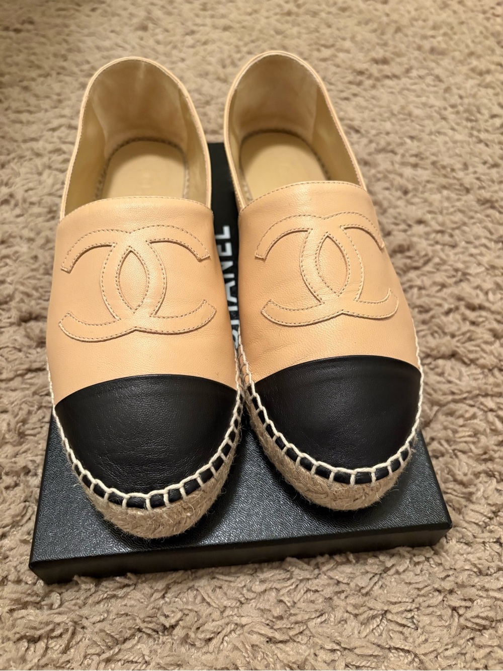 CHANEL Beige and Black Leather Espadrille Slip-Ons